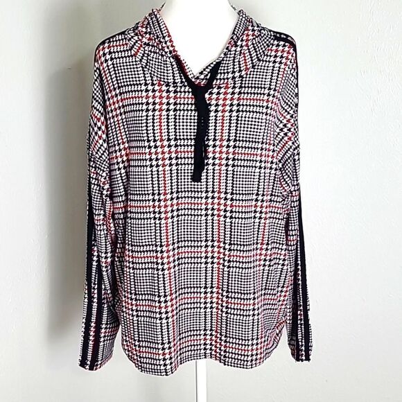 No Comment Red, Black & White Houndstooth Hoodie Pullover Top, Size 2X - Picture 1 of 9